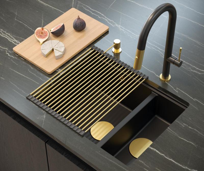 Quadri Newport II svart 1,5 diskho i granit, både för inbyggnad och undermontering, 555x460mm med guldfärgad plugg 1208967464