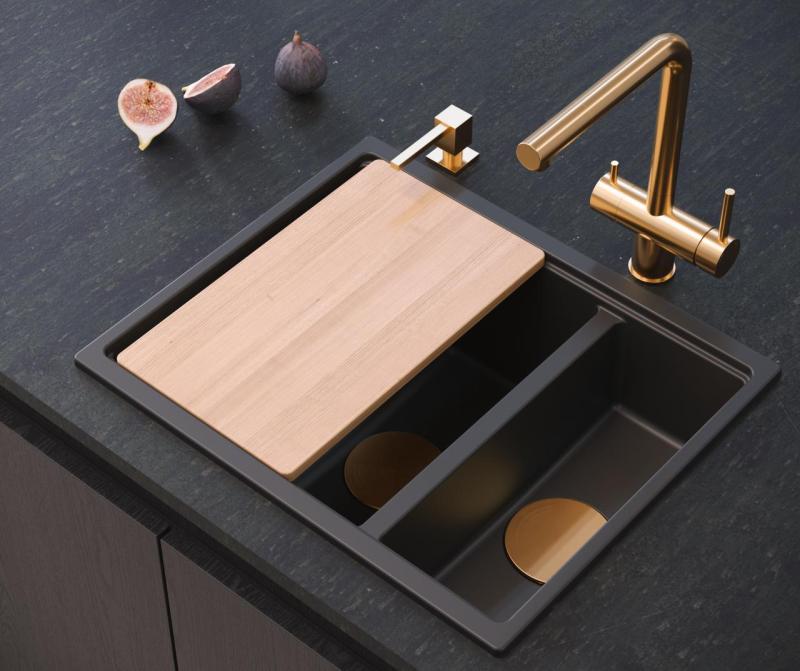 Quadri Newport II svart 1,5 diskbänk granit infälld och undermonterad diskbänk 555x460mm med kopparpropp 1208967465