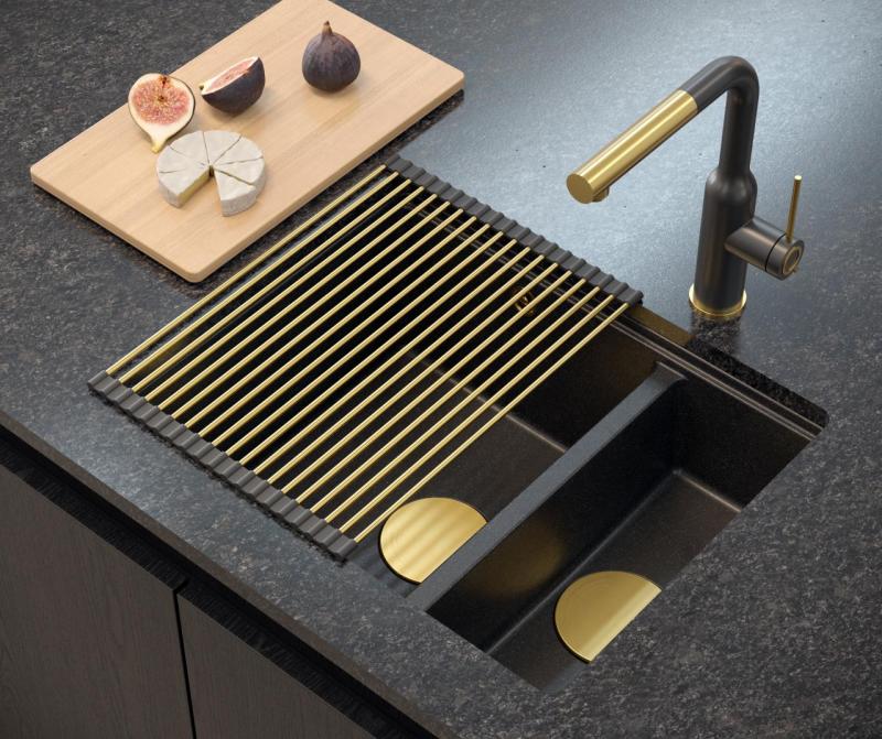 Quadri Newport II antracit 1,5 diskho granit infällning och undermontering diskho 555x460mm med gyllene plugg 1208967473