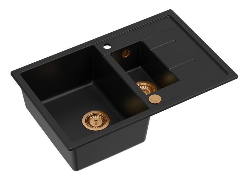 Quadri Brenton svart granit bänkskiva med 1,5 diskho och avrinning 78x50cm med kopparplugg 1208967555