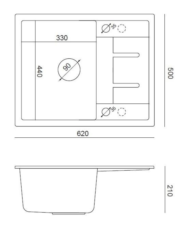 Quadri Dalton svart granit infälld diskho med avställningsyta 62x50cm med guldplugg 1208967568