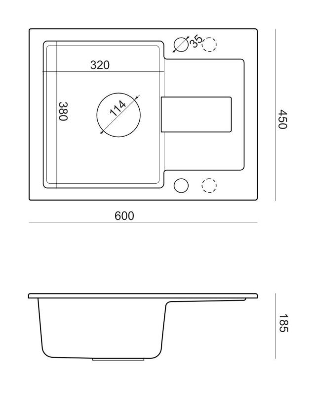 Quadri Sutton Antracit Granitho Diskbänk 60x45cm med Avtappningsyta, Vändbar med Svart Propp - 1208967586