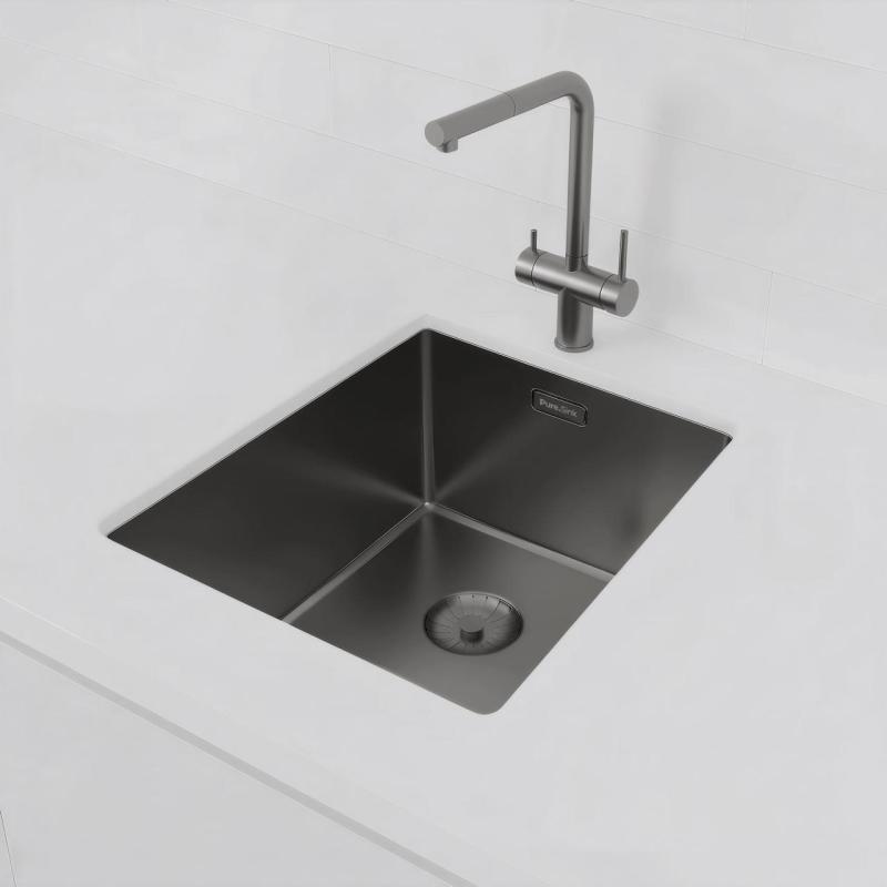 Pure.Sink Prestige diskho PVD gun metal 34x40 cm 10 mm radie undermontering, planmontering och ovanpåliggande montering PPG3440-61