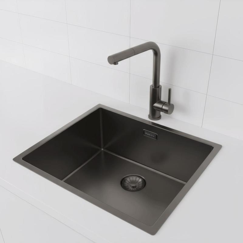 Pure.Sink Prestige diskho 50x40 cm PVD Gun Metal 10 mm radie undermontering, planmontering och toppmontering PPG5040-61