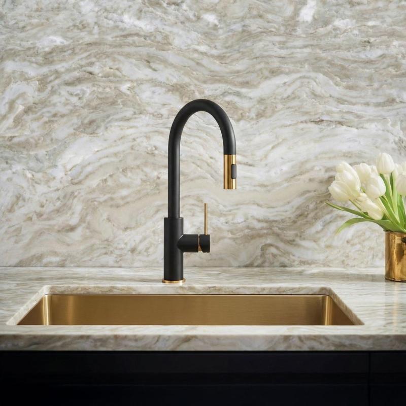 Quadri Retford Kökblandare Svart med Guld Finish och Utdragbar Utlopp med Sprayfunktion 1208967677