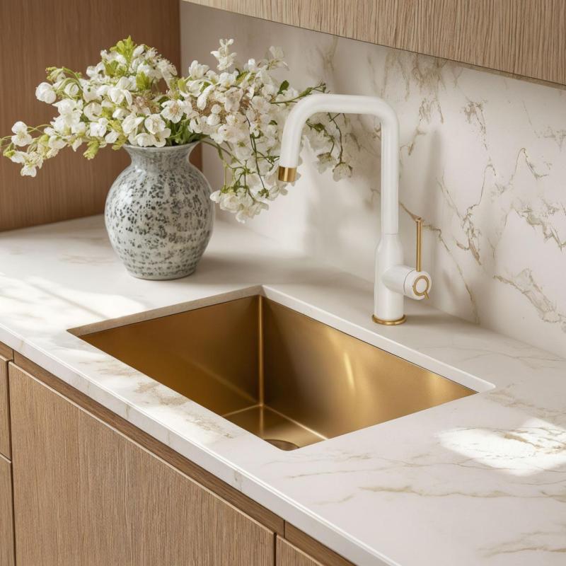 Quadri Stamford Köksblandare Vit med PVD Guld Finish med Svängbar Vinkelrör 1208967697