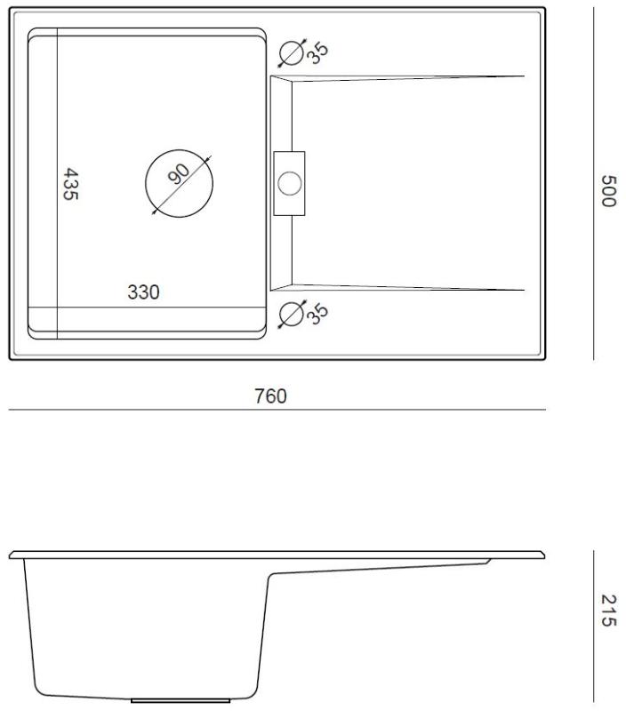 Quadri Minton Granit Inbyggnadsdiskho Grå 76x50cm med Avrinningsyta Vändbar och Rostfri Propp - 1208967741