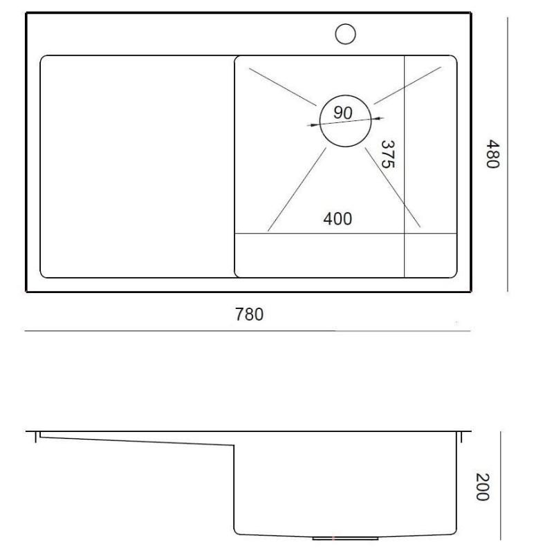Aquadesign Clara Diskho i Rostfritt Stål med Höger Sida Skål 78x48cm Inbyggd eller Planmontering med Droppbricka, Blandarbank och Rostfri Propp - 1208967754