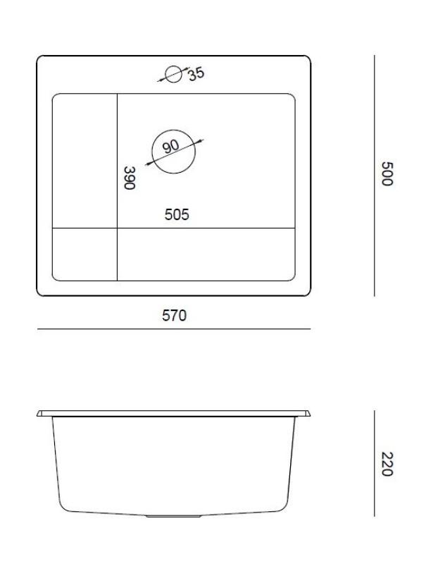 Quadri Sheffield Antracit Granit Inbyggnad eller Planmonterad Diskho 57x50 cm med Kranhylla och Kopparpropp - 1208967814