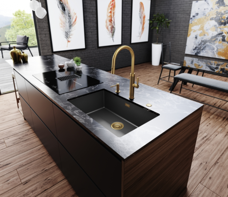 Franke Mythos Masterpiece Kökskran Guld med J-utlopp och Utdragbar Sprejhuvud - 115.0711.558