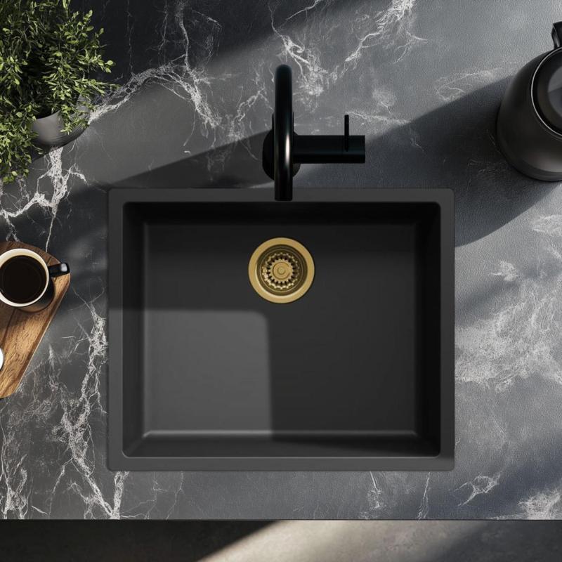 Svart diskho 50x40cm undermontering, ovanpåmontering och planmontering med guldplugg 1208968037