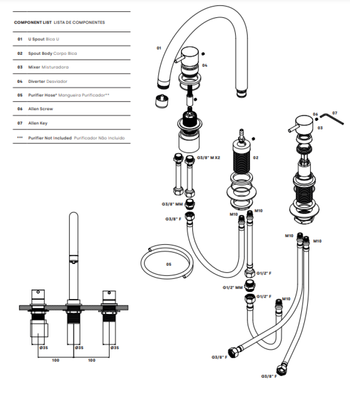 Waterevolution Flow 3-håls köksblandare med svängbar pip och anslutning för filtrerat vatten krom T152U01