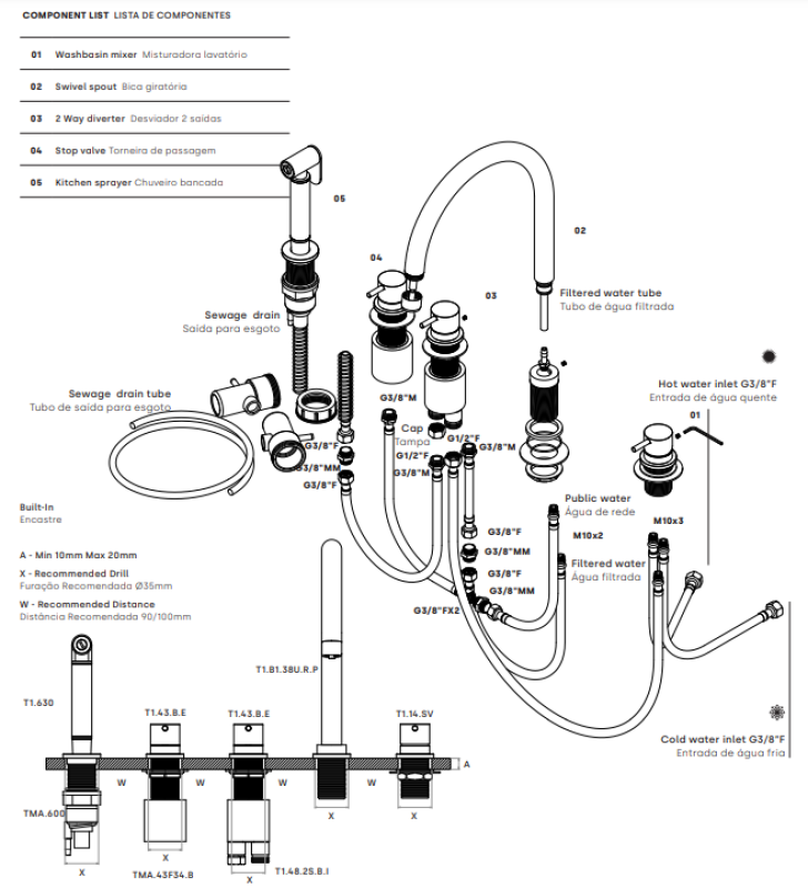 Waterevolution Flow 5-håls köksblandare med utdragbar dusch och anslutning för filtrerat vatten krom T154U01