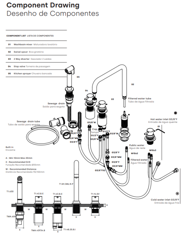 Waterevolution Flow 5-håls vinklad köksblandare med utdragbar dusch och anslutning för filtrerat vatten krom T154H01