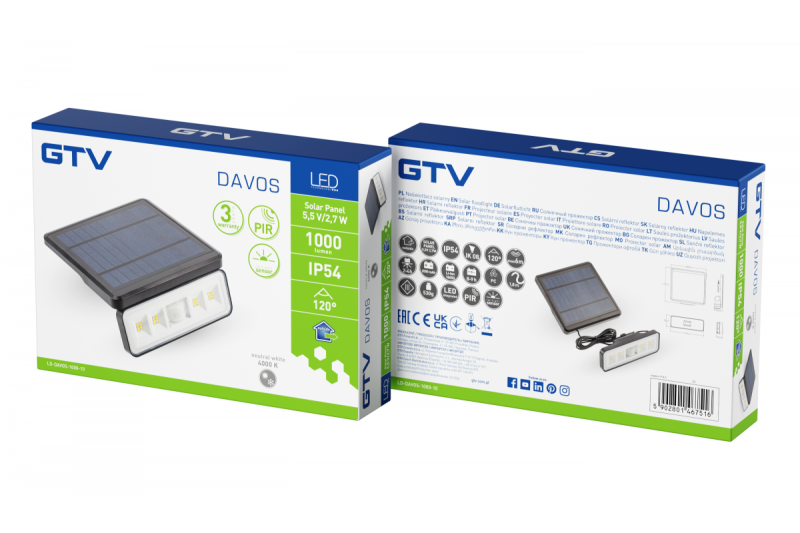 Sol-ljusarmatur med rörelse- och skymningsensor DAVOS, LED, 1000lm, 4000K, 2000mAh, IP54, svart