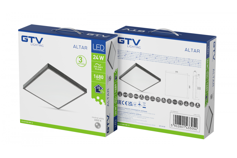 ALTAR LED Taklampa, 295x295mm, 4000K, 24W, 1680lm, AC180-250V, 50/60 Hz, PF>0.5, IP54, svart, 3 års garanti.