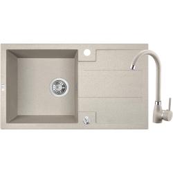 Aquadesign Hartwell Set - Granit Övermonterad Diskho Beige Sand med Avrinningsområde och Köksblandare, 76 x 44 cm - 1208970088