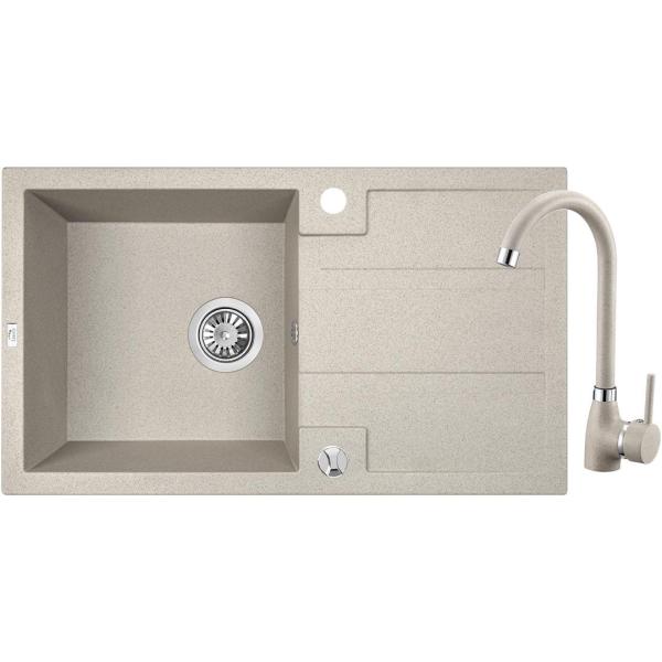 Aquadesign Hartwell Set - Granit Övermonterad Diskho Beige Sand med Avrinningsområde och Köksblandare, 76 x 44 cm - 1208970088