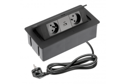 Möbeluttag SOFT 2x uttag med jordning, USB A+C, strömkabel med plugg, svart.