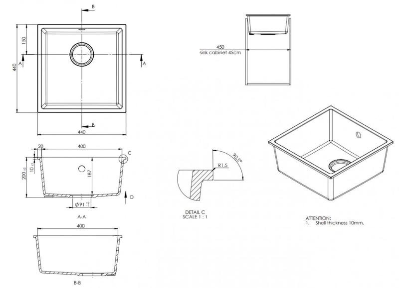 GraniteMy Universal Granit Grå, mörk Diskbänk 40x40 cm Uppbyggnad, Underbyggnad och Infälld med Rostfritt Stål Plug 1208970742