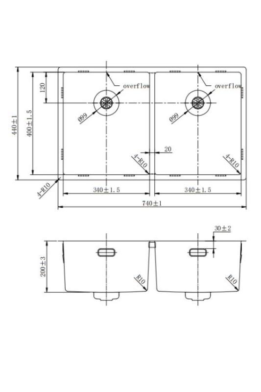 Pure.Sink Prestige Dubbel Guld diskho 70x40 cm 10mm radie undermontering, planmontering och överbyggnad PPG343440-60