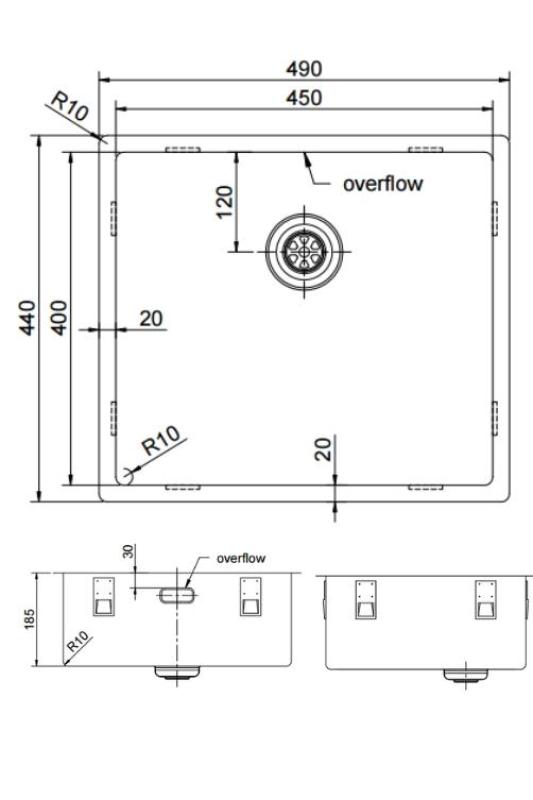 Pure.Sink Exclusivo RVS diskbänk 45x40 cm 10mm radie underbyggnad, planbyggnad och överbyggnad PEX4540-02