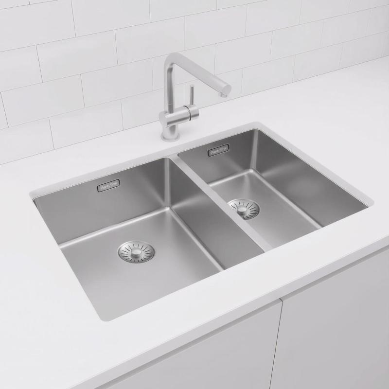 Pure.Sink Exclusivo rostfritt stål 1,5 en och en halv diskho 34+18 cm 10mm radie PEX341840-02