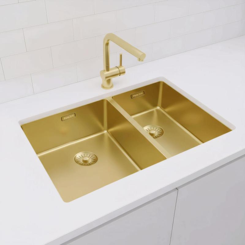Pure.Sink Exclusivo Guld 1,5 en och en halv diskho 34+18 cm 10mm radie PEX341840-60