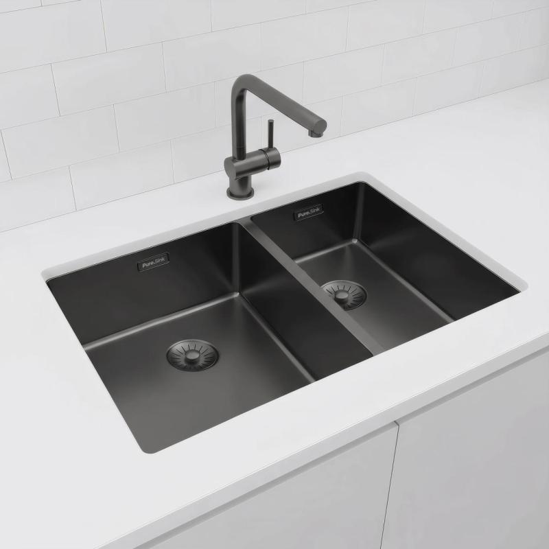 Pure.Sink Exclusivo Gun Metal 1,5 en och en halv diskbänk 34+18 cm 10mm radie PEX341840-61