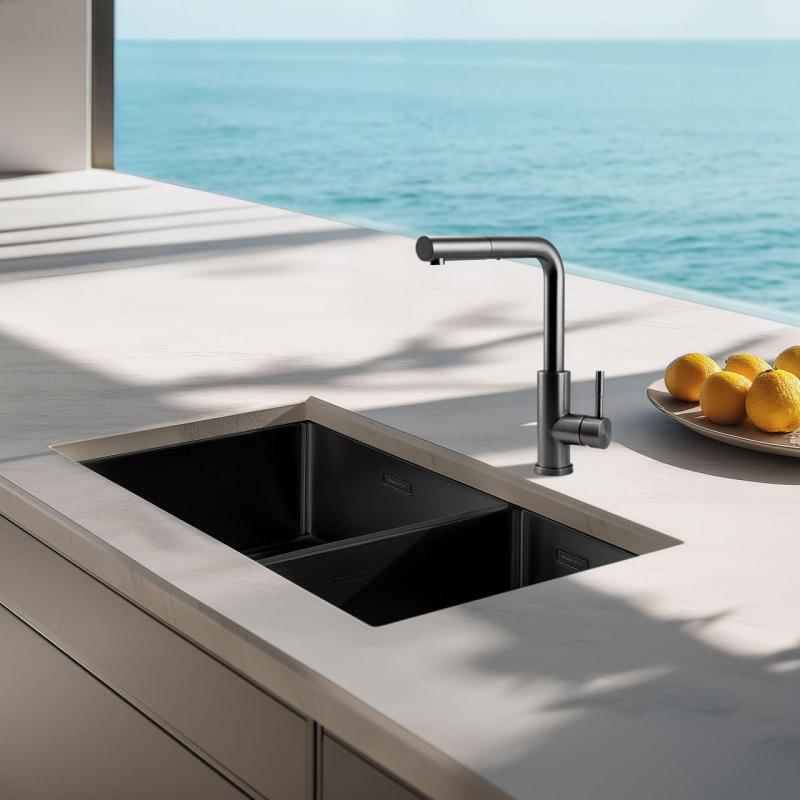Pure.Sink Exclusivo Gun Metal 1,5 en och en halv diskbänk 34+18 cm 10mm radie PEX341840-61