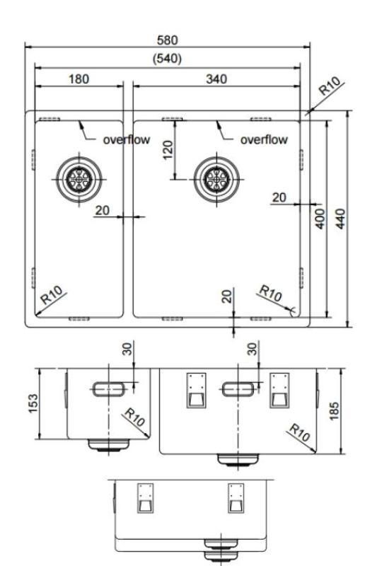 Pure.Sink Exclusivo Guld 1,5 en och en halv diskho 18+34 cm 10mm radie PEX183440-60