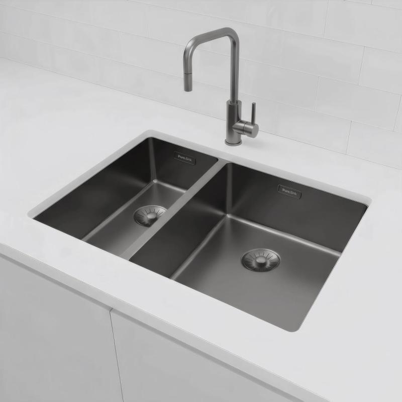 Pure.Sink Exclusivo Gun Metal 1,5 en och en halv diskho 18+34 cm 10mm radie PEX183440-61