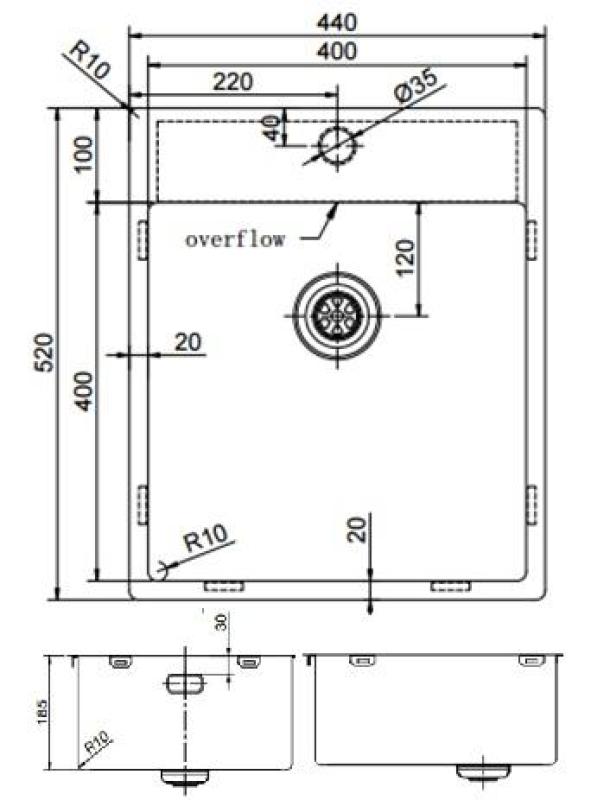 Pure.Sink Exclusivo RVS diskho 44x52 cm Tapwing med kranhålsbänk 10mm radie PEX4040T-02