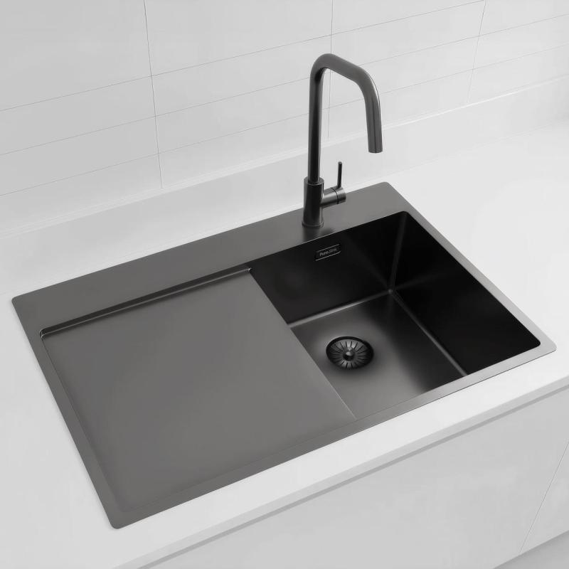 Pure.Sink Exclusivo Gun Metal liten diskho med avrinningsyta 78x52 cm Tapwing höger PEX3478RT-61