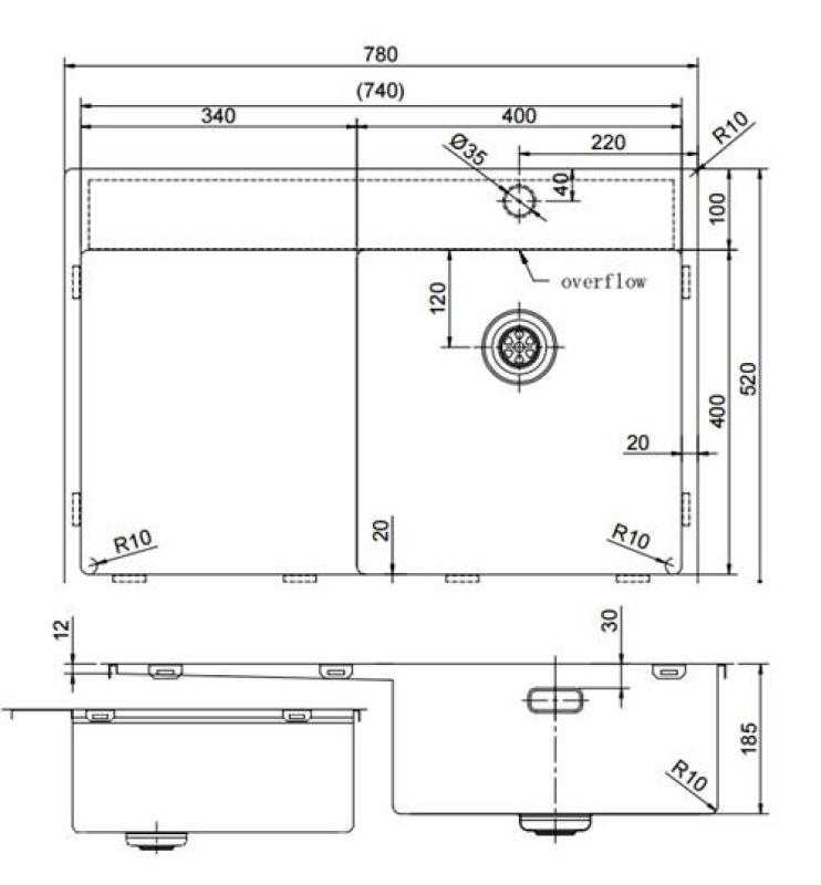 Pure.Sink Exclusivo Gun Metal diskho med avrinningsdel 78x52 cm Tapwing höger PEX4078RT-61