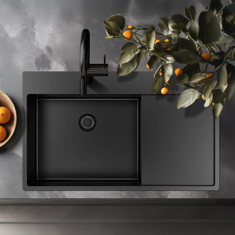 Pure.Sink Exclusivo Gun Metal diskho med avrinningsdel 86x52 cm Tapwing vänster PEX5086LT-61