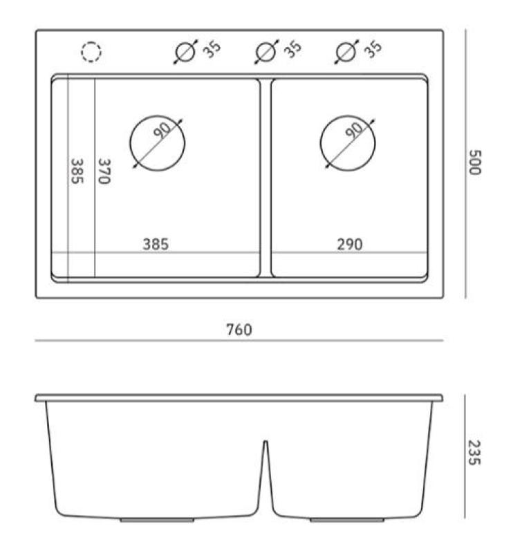 Quadri Hard Rock Dubbel Vit Granit Uppbyggnad Diskbänk 76 x 50 cm med Kopparplugg och tillbehör 1208971357