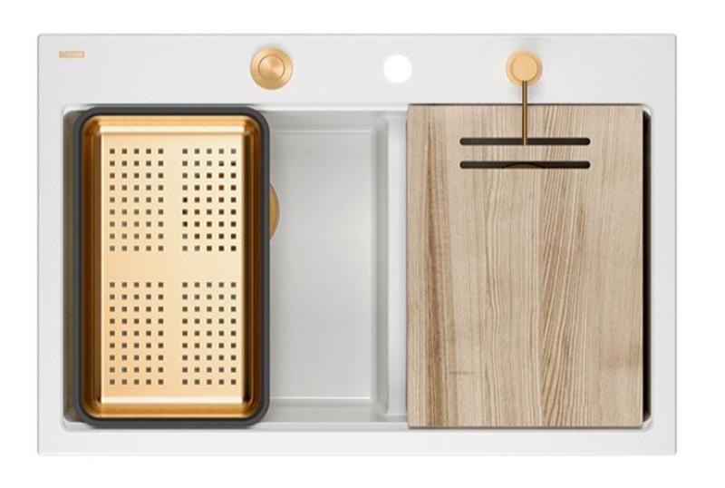 Quadri Hard Rock Dubbel Vit Granit Uppbyggnad Diskbänk 76 x 50 cm med Kopparplugg och tillbehör 1208971357