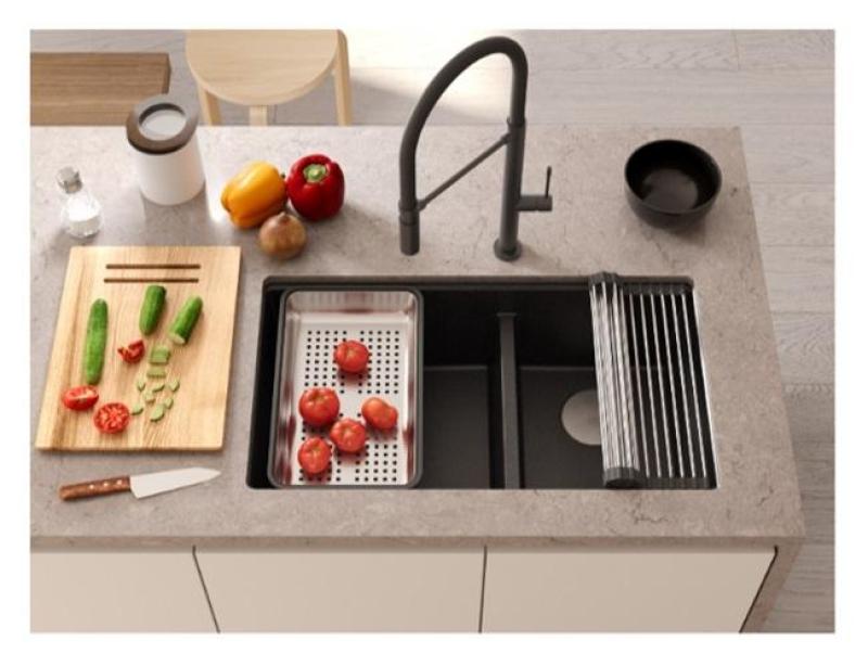 Quadri Newport II Dubbel Antracit Granit Inbyggd Diskbänk 702 x 390 mm med Kopparplugg 1208971374