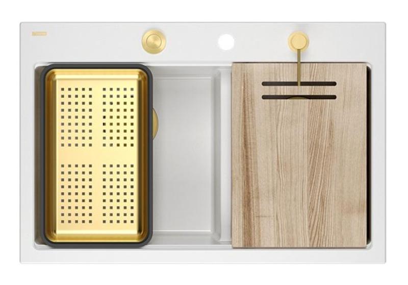 Quadri Hard Rock Dubbel Vit Granit Påbyggnadsdiskbänk 76x50 cm med Guldplugg och tillbehör 1208971392