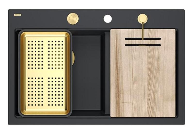 Quadri Hard Rock Dubbel Svart Granit Inbyggnadssink 76x50 cm med Guldplugg och tillbehör 1208971395