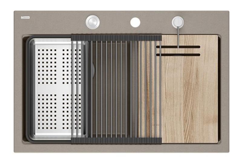 Quadri Hard Rock Dubbel Taupe Granit Inbyggnadssänk 76x50 cm med RVS plugg och tillbehör 1208971402