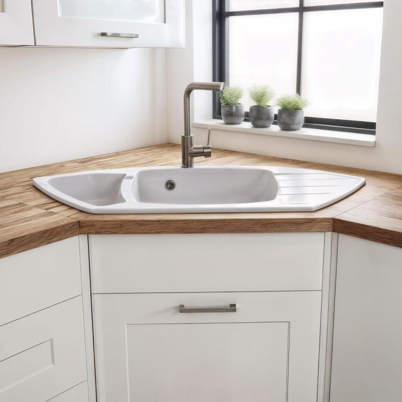 Graniteland Monte Granit vit hörndiskho överbyggnad 901x538mm med rostfritt stål plugg 1208971415