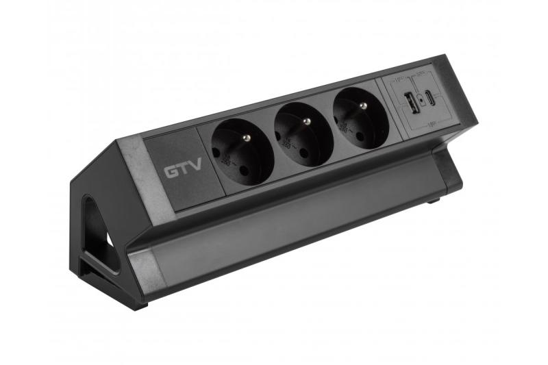 Basco möbelsuttag, 3 x uttag med jordning, USB A+C, 1,5 m kabel, svart med montering