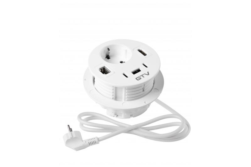 Möbeluttag RONDO, 1xSCHUKO, 1xUSB-A, 2xUSB-C, HDMI, RJ45-kabel 1,5 m, vit