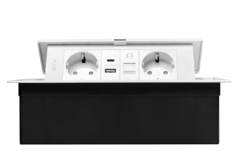 Möbeluttag MULTISOFT, 2xSCHUKO, USB A+C, RJ45, kabel 1,5 m, vit