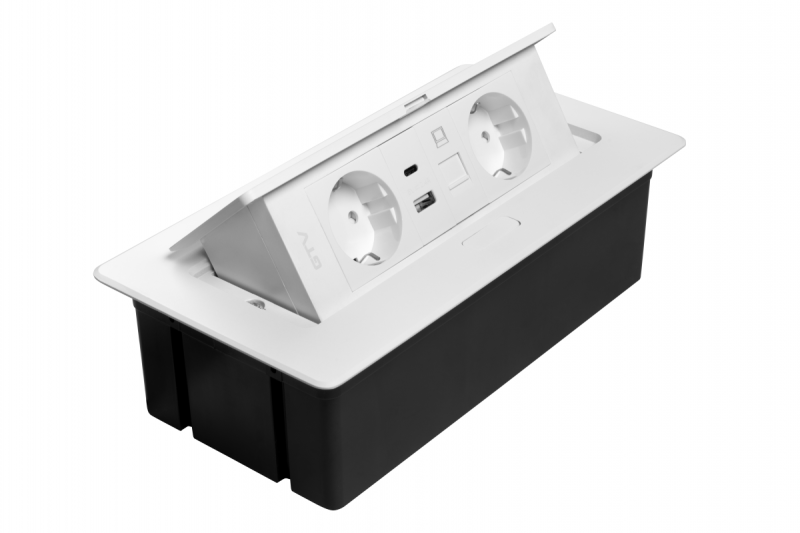 Möbeluttag MULTISOFT, 2xSCHUKO, USB A+C, RJ45, kabel 1,5 m, vit