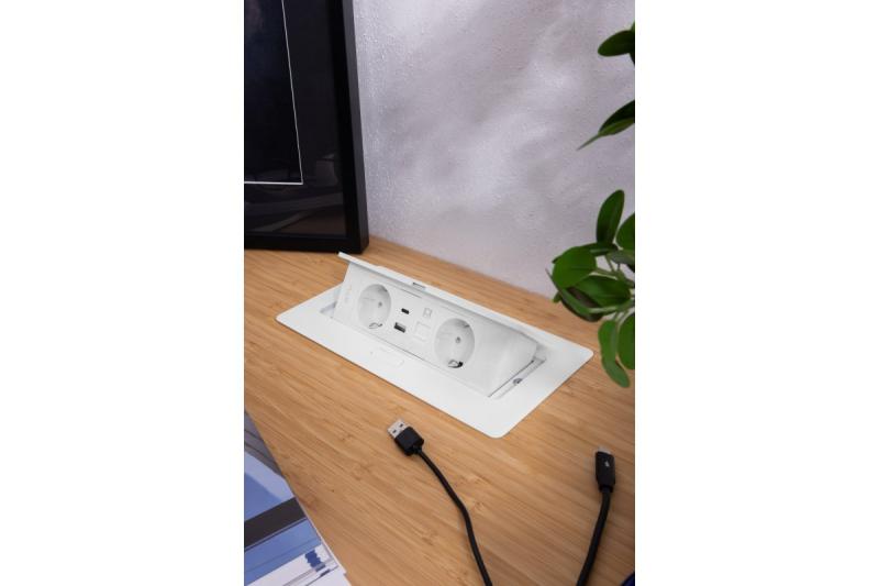 Möbeluttag MULTISOFT, 2xSCHUKO, USB A+C, RJ45, kabel 1,5 m, vit