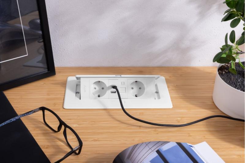 Möbeluttag MULTISOFT, 2xSCHUKO, USB A+C, RJ45, kabel 1,5 m, vit