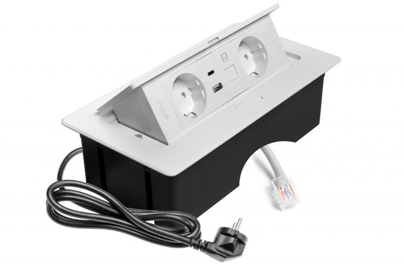 Möbeluttag MULTISOFT, 2xSCHUKO, USB A+C, RJ45, kabel 1,5 m, vit